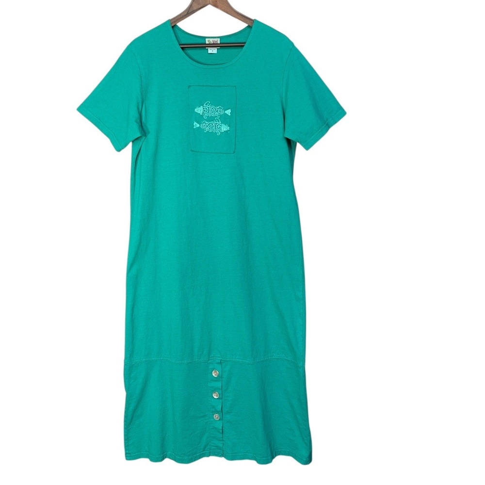 Cactus California Womens Teal Green Cotton Fish Graphic Midi T-Shirt Dress M USA